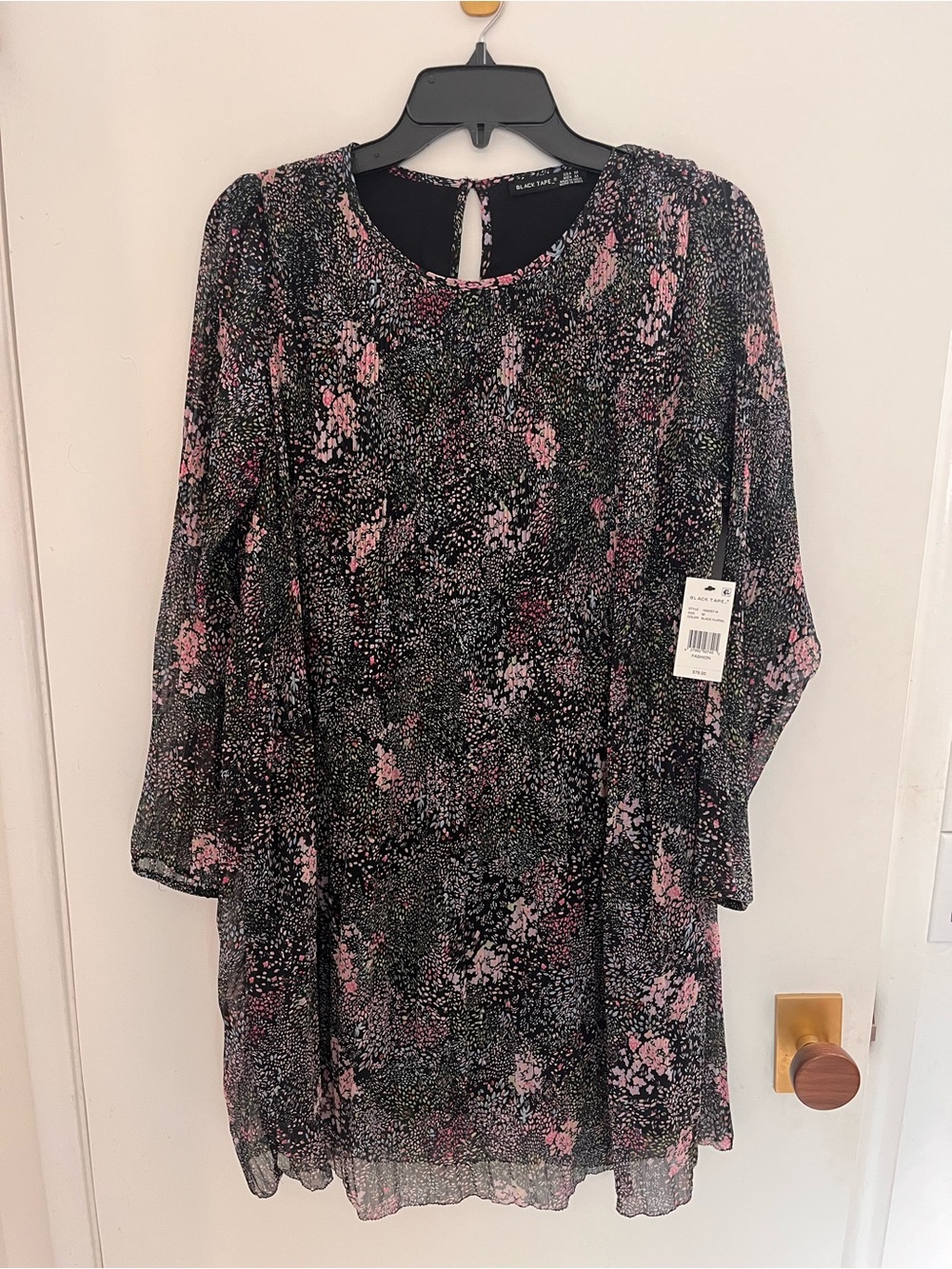 Black Tape_ Black Dress with Pink Floral Print — Long Sleeve Chiffon